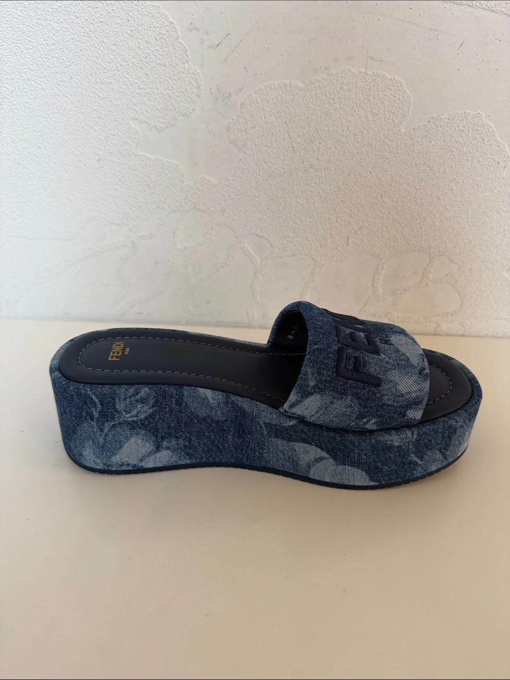 Fendi Sunshine Blue Denim Embroidered Platform Slides NWT Size 38